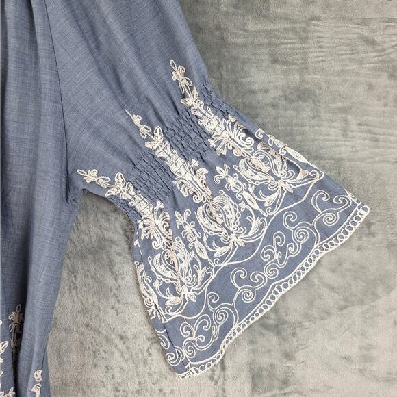 Womens Top XL Blue Boho Peasant Cottagecore Festival Chambray Floral Embroidered - Picture 3 of 7